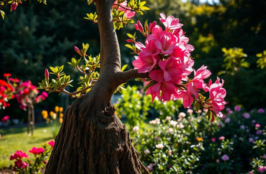 Azalia na pniu w ogrodzie