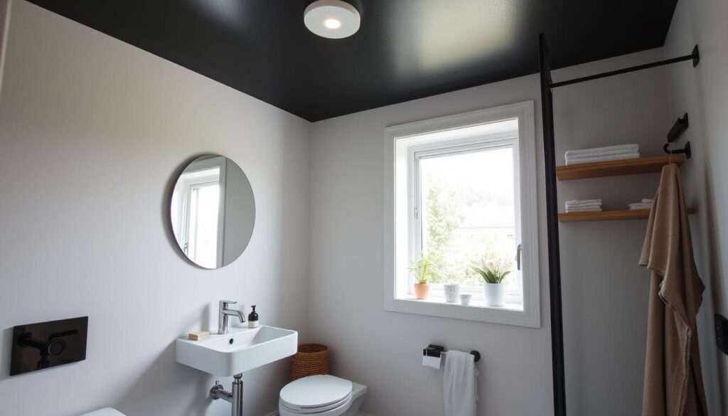 ciemny sufit w małej łazience