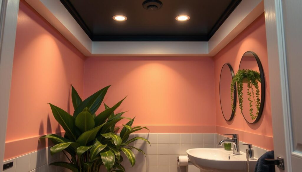 ciemny sufit w małej łazience