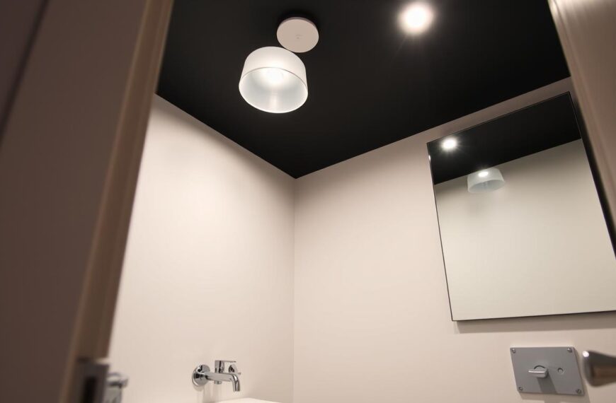 ciemny sufit w małej łazience