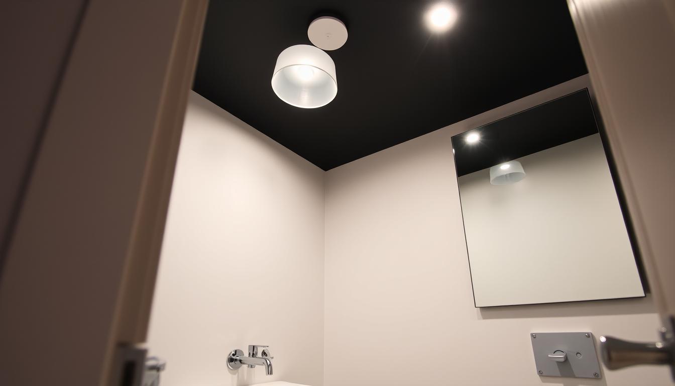 ciemny sufit w małej łazience