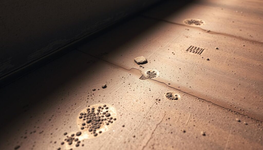 A detailed, realistic photograph of a freshly poured concrete slab, shot with an iPhone 16 camera. The concrete surface fills the frame, its rough, mottled texture catching the warm, diffused lighting from overhead. Subtle variations in color and shading create depth and dimension, while tiny air bubbles and uneven edges lend an authentic, hand-crafted appearance. The image conveys the solidity and weight of the material, highlighting the key factors that influence the cost of concrete - its production, delivery, and on-site placement.