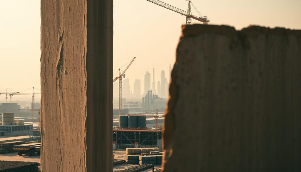 A massive, solid block of concrete towers in the foreground, its rough, irregular surface reflecting the light. In the middle ground, a construction site bustles with activity, cranes and workers visible. The background fades into a hazy, industrial cityscape, skyscrapers and smokestacks punctuating the horizon. The lighting is natural, with warm, golden hues casting shadows across the scene. The lens captures the scene with a crisp, photographic clarity, highlighting the weight and density of the concrete. The overall mood is one of industry, progress, and the immense, tangible power of construction materials.