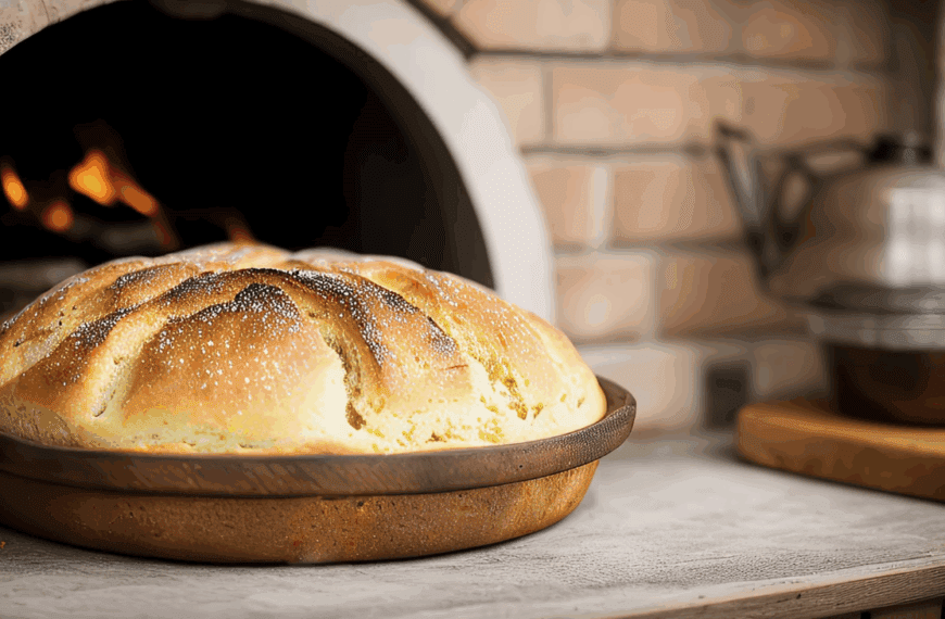 ”świeży chleb na tle tradycyjnego pieca chlebowego