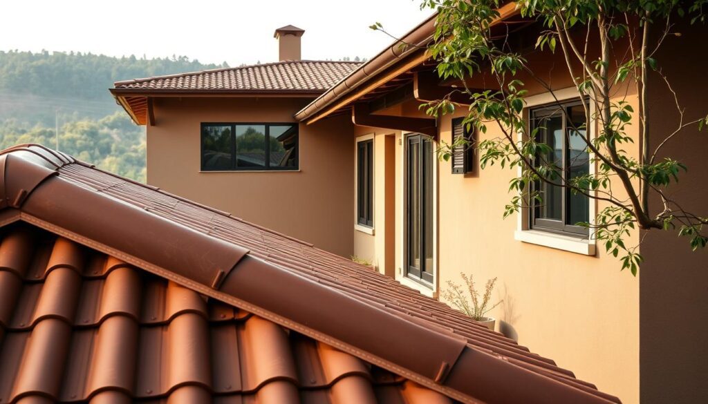A beautifully designed exterior with a harmonious blend of colors. In the foreground, a warm and inviting brown roof contrasts with the carefully selected elewacja in a muted, earthy tone that complements the natural surroundings. The middle ground showcases the intricate architectural details, with clean lines and a well-proportioned facade. The lighting, captured by the iPhone 16 Pro Max, casts a soft, natural glow, highlighting the texture and depth of the materials. The background features a serene landscape, with lush greenery and a peaceful atmosphere, creating a sense of balance and tranquility. This image perfectly illustrates the significance of color selection in harmonizing the exterior of a building with its environment.