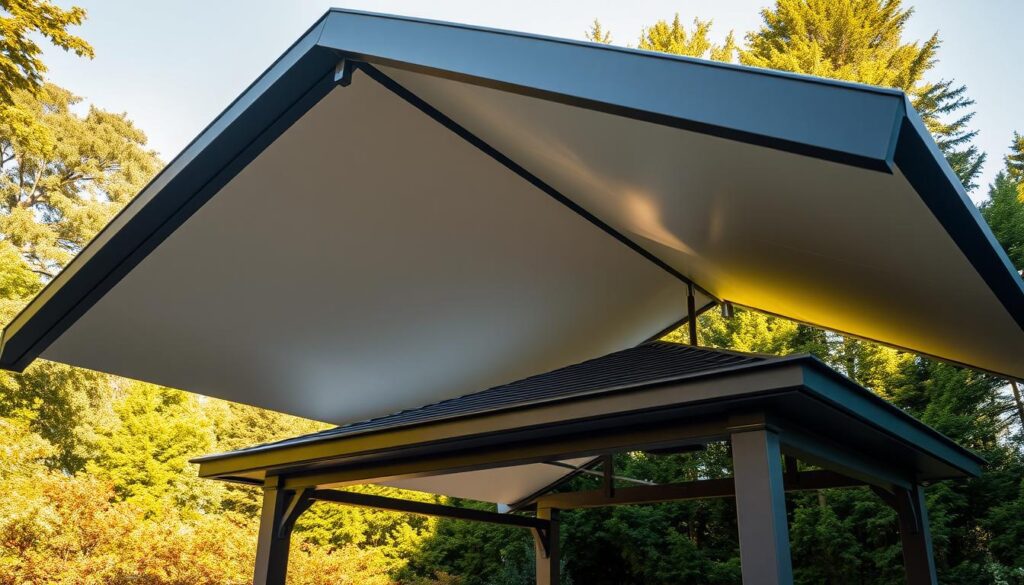 A charming garden pavilion stands under a meticulously crafted roof, its elegant lines and weatherproof design shielding the space below from the elements. The roof's gentle slope and sleek profile create a harmonious silhouette against the lush, verdant backdrop. Warm, natural lighting filters through, bathing the scene in a soft, inviting glow. The seamless integration of form and function showcases the practical benefits of investing in a high-quality, water-resistant canopy for an outdoor living area. This iPhone 16 Pro Max photograph captures the alluring aesthetic and tangible advantages of a well-designed garden pavilion roof.