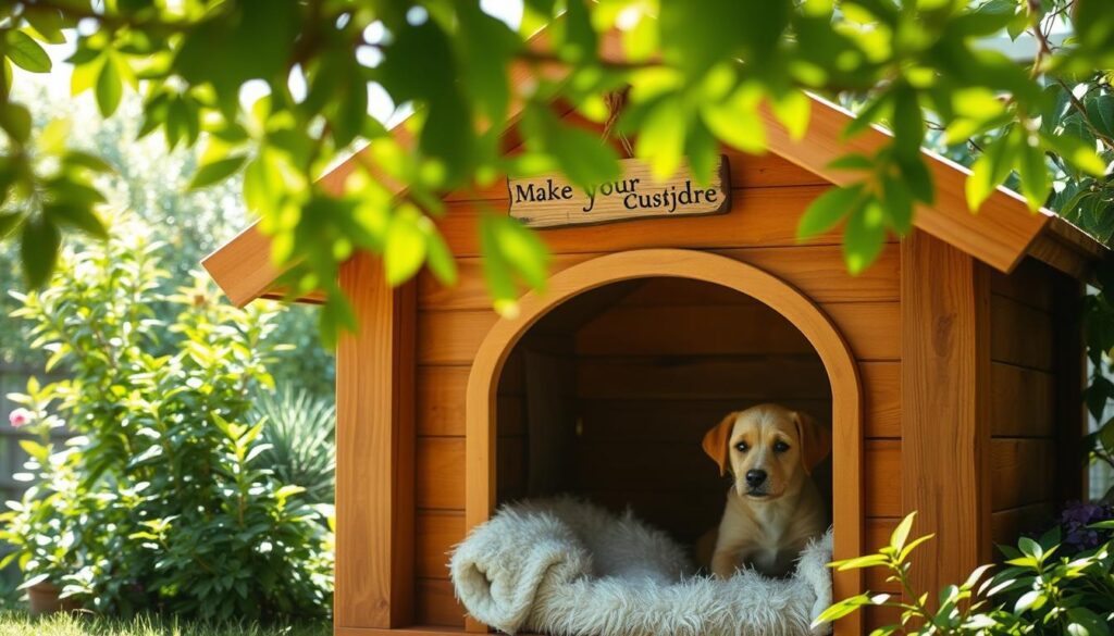 A cozy and inviting dog house nestled in a lush, verdant backyard. The warm, natural wood construction blends seamlessly with the surrounding foliage, creating a serene and peaceful atmosphere. Soft, plush bedding fills the interior, while a small, weathered wooden sign hangs above the doorway, inviting the family pet to make this their comfy abode. Sunlight filters through the branches overhead, casting a gentle glow and highlighting the attention to detail in the craftsmanship. This inviting dog house provides a safe, secure, and comfortable shelter, perfectly suited to meet the needs of a beloved canine companion.