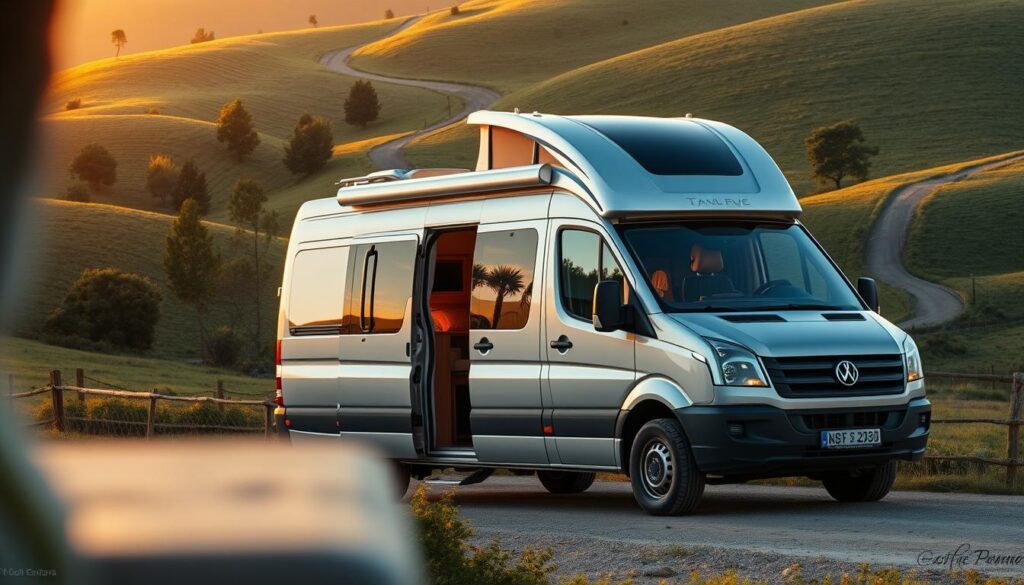 A cozy camper van nestled in a picturesque countryside, its sleek silver exterior gleaming in the soft, golden light of the setting sun. The vehicle's clean, modern lines are accentuated by the lush, rolling hills in the background, dotted with verdant trees and a winding dirt road leading into the distance. The scene exudes a sense of adventure and freedom, inviting the viewer to imagine the countless journeys and experiences that could unfold within the comfortable confines of this well-crafted, self-contained living space. The image captures the essence of the "Wprowadzenie do budowy kampera" section, showcasing the appeal and potential of building a camper van from a humble bus.