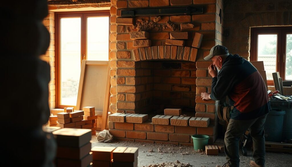A cozy fireplace construction site bathed in warm, natural lighting. In the foreground, a skilled mason carefully lays bricks, meticulously shaping the hearth. The middle ground reveals the partially built structure, showcasing the intricate details of the masonry work. In the background, a well-stocked toolbox and various construction materials hint at the ongoing project. The scene exudes a sense of tranquility and the satisfaction of hands-on craftsmanship. Shot with an iPhone 16 Pro Max, capturing the rich textures and subtle shadows that bring this scene of "budowa kominka" to life. A cozy fireplace construction site bathed in warm, natural lighting. In the foreground, a skilled mason carefully lays bricks, meticulously shaping the hearth. The middle ground reveals the partially built structure, showcasing the intricate details of the masonry work. In the background, a well-stocked toolbox and various construction materials hint at the ongoing project. The scene exudes a sense of tranquility and the satisfaction of hands-on craftsmanship. Shot with an iPhone 16 Pro Max, capturing the rich textures and subtle shadows that bring this scene of "budowa kominka" to life.