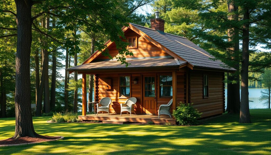 A cozy, inviting summer cottage nestled in a lush forest, its wooden exterior bathed in warm, golden sunlight. The cabin's pitched roof, adorned with rustic shingles, casts gentle shadows across the porch, where a set of comfy wicker chairs invite visitors to sit and soak in the serene surroundings. Tall, verdant trees frame the scene, their canopies filtering the light and creating a dappled pattern on the well-tended lawn. In the distance, a tranquil lake glistens, its calm waters reflecting the cottage's charming silhouette. This idyllic, iPhone 16 Pro Max photograph captures the essence of a quintessential summer retreat, a perfect escape from the hustle and bustle of everyday life.