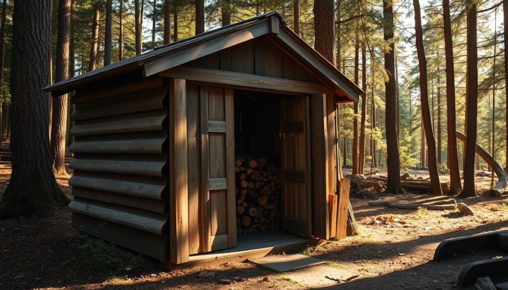 A cozy, rustic firewood shed nestled in a tranquil forest clearing, sunlight filtering through the trees. The sturdy wooden structure features a pitched roof, weathered boards, and a simple door. Neatly stacked logs in various sizes line the interior, casting warm, natural shadows. The scene exudes a sense of practicality and efficiency, with the shed serving as a functional storage space for essential household fuel. The overall atmosphere is one of calm, peaceful utility, complementing the serene forest setting.
