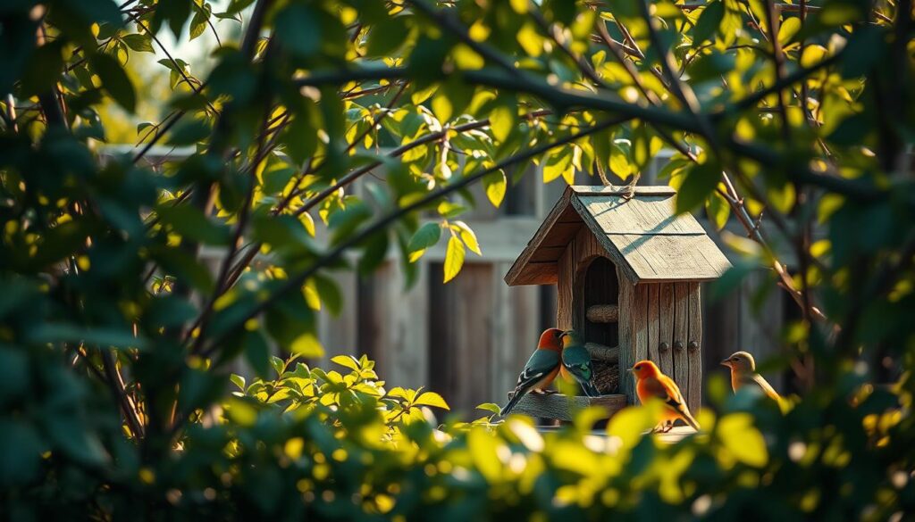A cozy, rustic scene of a handcrafted bird feeder nestled among lush foliage. The feeder, made of weathered wood and natural materials, stands in the foreground, its intricate design inviting a flock of vibrant songbirds to gather and feast. Soft, warm lighting filters through the canopy of leafy branches, casting a gentle glow over the peaceful setting. The composition captures the tranquility and beauty of a backyard oasis, perfectly suited to illustrate the process of building a simple, yet charming bird feeder. The iPhone 16 Pro Max captures the scene with stunning clarity and depth, showcasing the intricate details and natural textures.