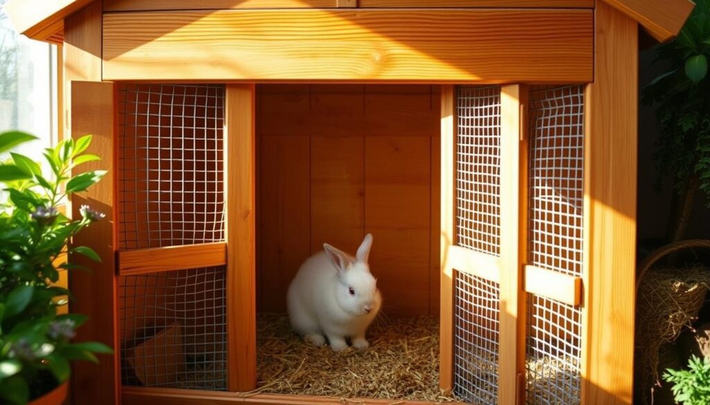 A cozy, well-lit interior of a rustic wooden rabbit hutch, its mesh-covered doors allowing a glimpse of a fluffy rabbit nestled comfortably inside. The enclosure is situated in a sunlit corner, surrounded by lush greenery and natural textures, evoking a sense of tranquility and care. The image captures the importance of providing a secure, enriching environment for a beloved pet rabbit, emphasizing the benefits of building a customized, spacious cage to meet the animal's needs.