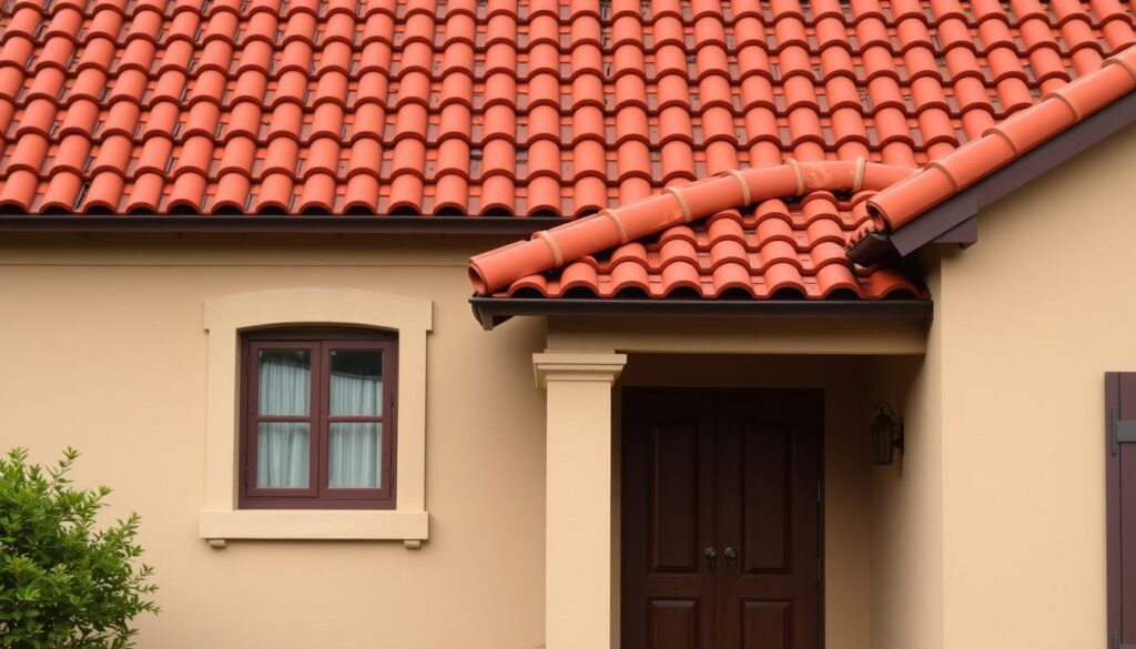 A harmonious color palette of warm and earthy tones, complementing the rich red hue of a traditional clay tile roof. The image showcases the front facade of a charming European-style villa, bathed in soft, natural lighting that highlights the intricate architectural details. The exterior walls feature a muted, neutral color that seamlessly blends with the surrounding environment, creating a visually pleasing and cohesive composition. The overall scene conveys a sense of timeless elegance and tranquility, illustrating the importance of achieving a harmonious color connection between a home's roofing and siding.