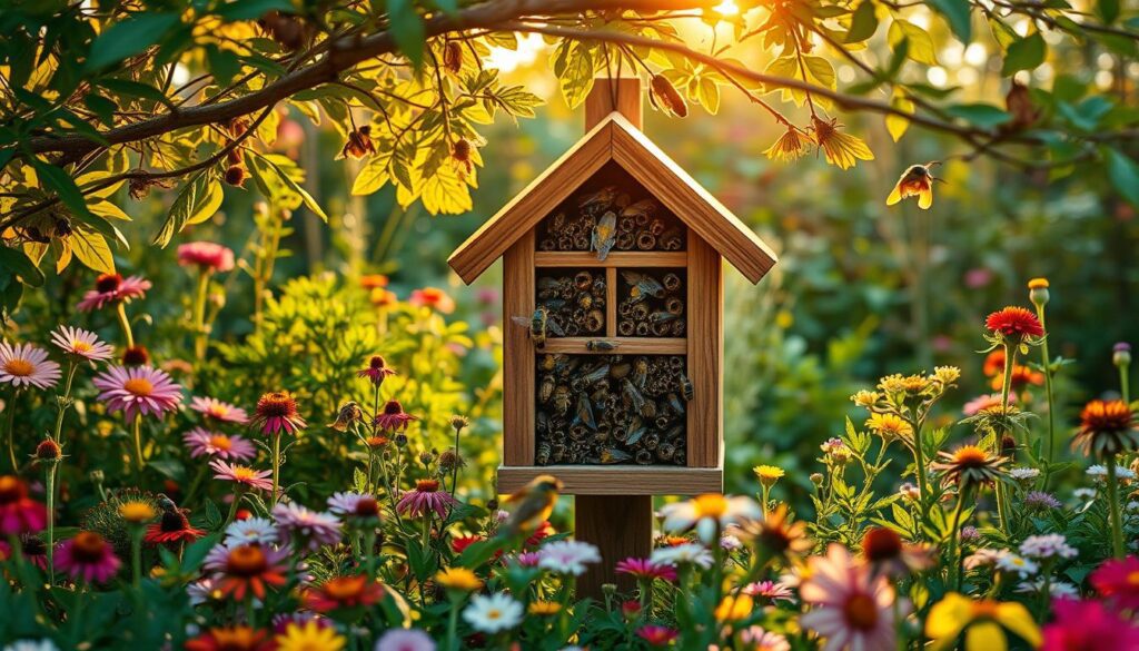A lush garden filled with vibrant flowers and verdant foliage, where a cozy wooden insect house stands proudly, its intricate design inviting a diverse array of pollinating insects to take refuge. Warm, golden sunlight filters through the branches, casting a serene glow on the scene. The insect house is meticulously crafted, its nooks and crannies providing ample shelter and nesting opportunities for bees, butterflies, and other beneficial bugs. The composition is balanced, with the insect house as the focal point, surrounded by a harmonious blend of natural elements. The image, captured with the precision of an iPhone 16 Pro Max, conveys the beauty and importance of creating eco-friendly habitats to support thriving insect populations. A lush garden filled with vibrant flowers and verdant foliage, where a cozy wooden insect house stands proudly, its intricate design inviting a diverse array of pollinating insects to take refuge. Warm, golden sunlight filters through the branches, casting a serene glow on the scene. The insect house is meticulously crafted, its nooks and crannies providing ample shelter and nesting opportunities for bees, butterflies, and other beneficial bugs. The composition is balanced, with the insect house as the focal point, surrounded by a harmonious blend of natural elements. The image, captured with the precision of an iPhone 16 Pro Max, conveys the beauty and importance of creating eco-friendly habitats to support thriving insect populations.
