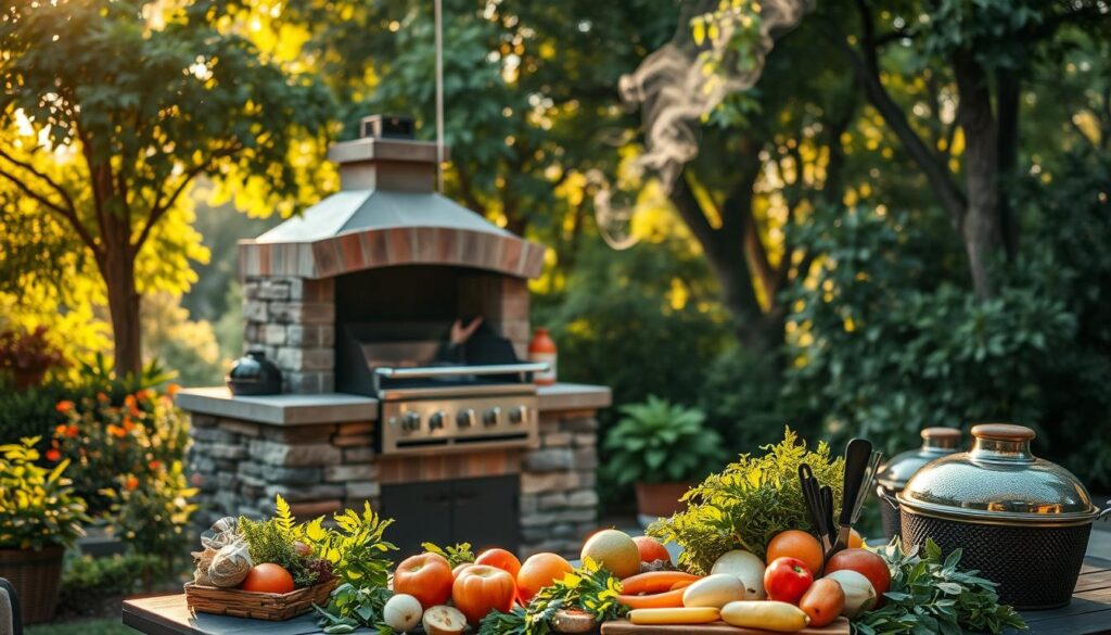 A lush, verdant garden setting with a well-crafted stone and brick outdoor grill taking center stage. Warm, golden sunlight filters through the surrounding trees, casting a cozy, inviting ambiance. Wisps of aromatic smoke curl up from the grill's surface, hinting at the delicious flavors being prepared. In the foreground, an array of fresh produce, herbs, and grilling tools are artfully arranged, suggesting the bounty and convenience of al fresco cooking. The overall scene evokes a sense of tranquility, leisure, and the joys of outdoor living and entertaining. A lush, verdant garden setting with a well-crafted stone and brick outdoor grill taking center stage. Warm, golden sunlight filters through the surrounding trees, casting a cozy, inviting ambiance. Wisps of aromatic smoke curl up from the grill's surface, hinting at the delicious flavors being prepared. In the foreground, an array of fresh produce, herbs, and grilling tools are artfully arranged, suggesting the bounty and convenience of al fresco cooking. The overall scene evokes a sense of tranquility, leisure, and the joys of outdoor living and entertaining.
