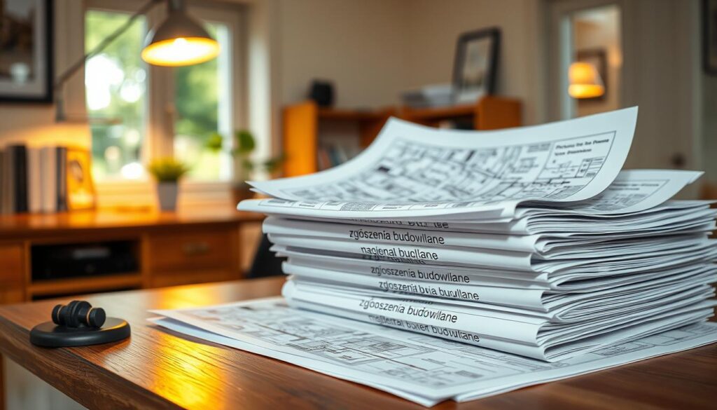A neatly organized stack of official-looking documents, filled with detailed schematics and architectural plans, rests on a wooden desk against a backdrop of a sunlit home office. The warm glow of a desk lamp illuminates the scene, casting a soft, inviting ambiance. The documents, meticulously labeled "zgłoszenia budowlane," signify the legal and technical requirements for a construction project, hinting at the intricate process of obtaining necessary permits and approvals. The image conveys a sense of order, professionalism, and attention to detail, reflecting the diligent planning and preparation needed to embark on a successful DIY home improvement endeavor. A neatly organized stack of official-looking documents, filled with detailed schematics and architectural plans, rests on a wooden desk against a backdrop of a sunlit home office. The warm glow of a desk lamp illuminates the scene, casting a soft, inviting ambiance. The documents, meticulously labeled "zgłoszenia budowlane," signify the legal and technical requirements for a construction project, hinting at the intricate process of obtaining necessary permits and approvals. The image conveys a sense of order, professionalism, and attention to detail, reflecting the diligent planning and preparation needed to embark on a successful DIY home improvement endeavor.