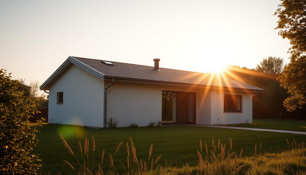 A one-story residential building with a flat roof, casting long shadows under the warm, golden light of a late afternoon sun. The structure features clean, minimalist lines and a neutral color palette, with large windows and a simple, unadorned facade. The image captures the quiet, serene atmosphere of a modern, energy-efficient home nestled in a lush, verdant setting, conveying a sense of tranquility and understated elegance.
