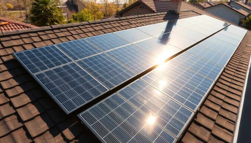A photographic shot of a residential rooftop, showcasing the installation of a comprehensive solar panel system. The panels are neatly arranged, meticulously mounted on a flat, tar-covered surface, seamlessly blending with the architecture. Sunlight dances across the sleek, glossy panels, casting warm, natural illumination. The perspective captures the scale and scope of the installation, providing a clear, detailed view of the renewable energy solution. The overall scene conveys a sense of clean, sustainable power generation, expertly integrated into the home's design.