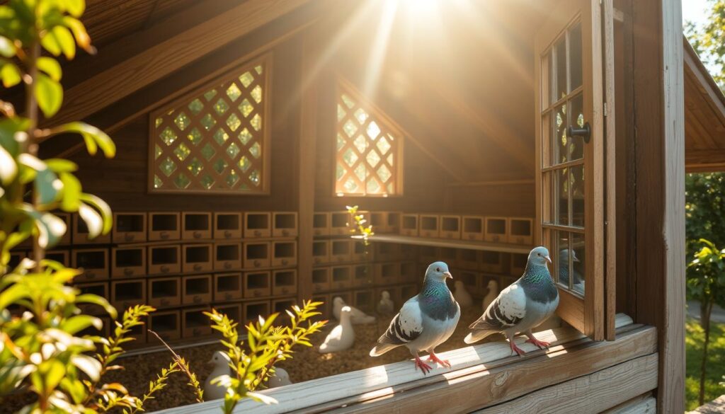 A picturesque gołębnik nestled in a lush, verdant landscape. Sunlight filters through the latticed windows, casting a warm, golden glow upon the cozy interior. Rows of nesting boxes line the walls, each a potential home for a flock of gentle, cooing pigeons. The structure's sturdy, rustic design blends seamlessly with its natural surroundings, creating a harmonious and inviting atmosphere. In the foreground, a pair of pigeons perch on the edge of an open window, their iridescent feathers gleaming in the soft, diffused light. The scene radiates a sense of tranquility and the simple pleasures of keeping and caring for these beloved avian companions.