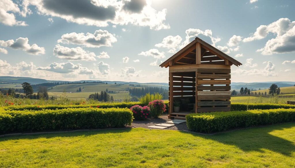 A picturesque outdoor scene showcasing the charming allure of a DIY pallet house. In the foreground, a cozy wooden structure stands tall, its rustic palette boards skillfully assembled to create a whimsical and eco-friendly haven. Sunlight filters through the gaps, casting a warm glow and casting soft shadows across the structure. The middle ground features a lush, verdant garden, with vibrant flowers and neatly trimmed hedges framing the pallet house. In the background, a peaceful, tranquil landscape unfolds, with rolling hills and a serene sky dotted with fluffy clouds. The overall scene exudes a sense of tranquility, simplicity, and the joy of creating something unique from repurposed materials, perfectly capturing the essence of building a pallet house in one's own backyard. Shot with an iPhone 16 Pro Max, the image showcases the natural beauty and charm of this sustainable DIY project. A picturesque outdoor scene showcasing the charming allure of a DIY pallet house. In the foreground, a cozy wooden structure stands tall, its rustic palette boards skillfully assembled to create a whimsical and eco-friendly haven. Sunlight filters through the gaps, casting a warm glow and casting soft shadows across the structure. The middle ground features a lush, verdant garden, with vibrant flowers and neatly trimmed hedges framing the pallet house. In the background, a peaceful, tranquil landscape unfolds, with rolling hills and a serene sky dotted with fluffy clouds. The overall scene exudes a sense of tranquility, simplicity, and the joy of creating something unique from repurposed materials, perfectly capturing the essence of building a pallet house in one's own backyard. Shot with an iPhone 16 Pro Max, the image showcases the natural beauty and charm of this sustainable DIY project.