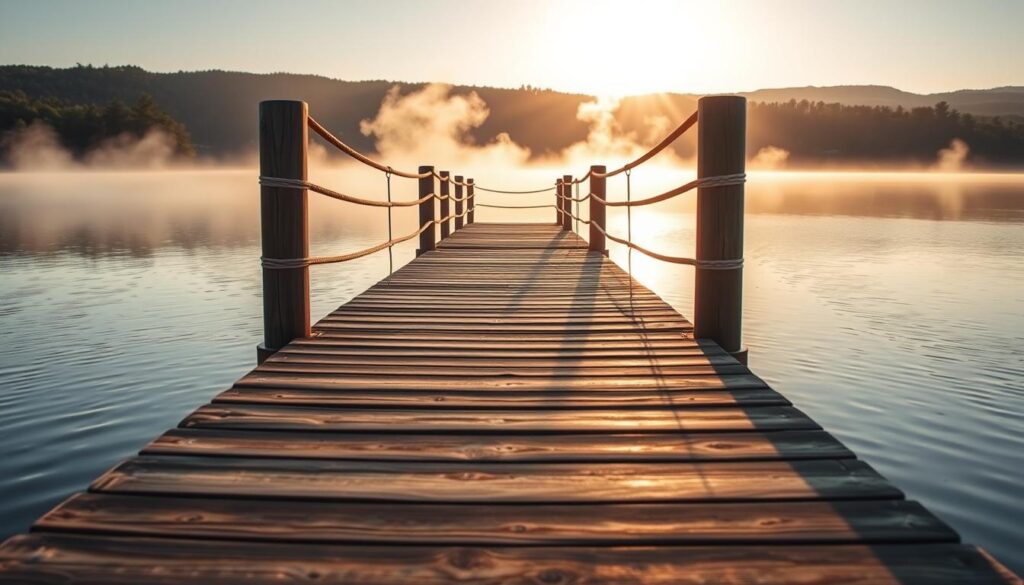 A picturesque wooden dock extending out over a serene lake, its weathered planks and sturdy railings reflecting the warm glow of the golden hour. Wisps of mist drift across the still water, creating a dreamlike atmosphere. The dock is positioned to provide an unobstructed view of the surrounding landscape, with lush green trees and rolling hills in the distance. The lighting is soft and diffused, casting gentle shadows and highlights that accentuate the textures of the wood. The camera is positioned at a low angle, capturing the dock's graceful curve and creating a sense of depth and perspective. This image showcases the tranquil beauty and practical benefits of having a dock as a focal point for lakeside living.