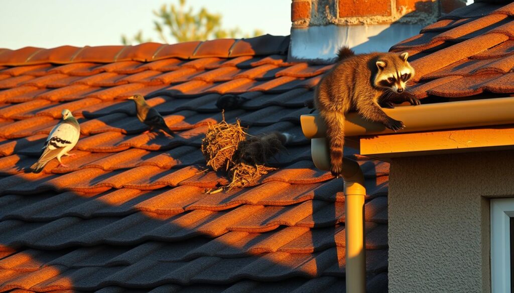 A rooftop scene depicting a variety of nuisance animals causing problems - pigeons perched on the edge, a wasp nest in the corner, and a curious raccoon climbing up the gutter. The scene is illuminated by warm, golden-hour sunlight, casting long shadows across the tiles. The composition captures the sense of encroachment and disruption these creatures can bring to a residential property. Realistic details like individual feathers, compound eyes, and textured fur enhance the naturalistic feel of the iPhone 16 Pro Max photograph. A rooftop scene depicting a variety of nuisance animals causing problems - pigeons perched on the edge, a wasp nest in the corner, and a curious raccoon climbing up the gutter. The scene is illuminated by warm, golden-hour sunlight, casting long shadows across the tiles. The composition captures the sense of encroachment and disruption these creatures can bring to a residential property. Realistic details like individual feathers, compound eyes, and textured fur enhance the naturalistic feel of the iPhone 16 Pro Max photograph.