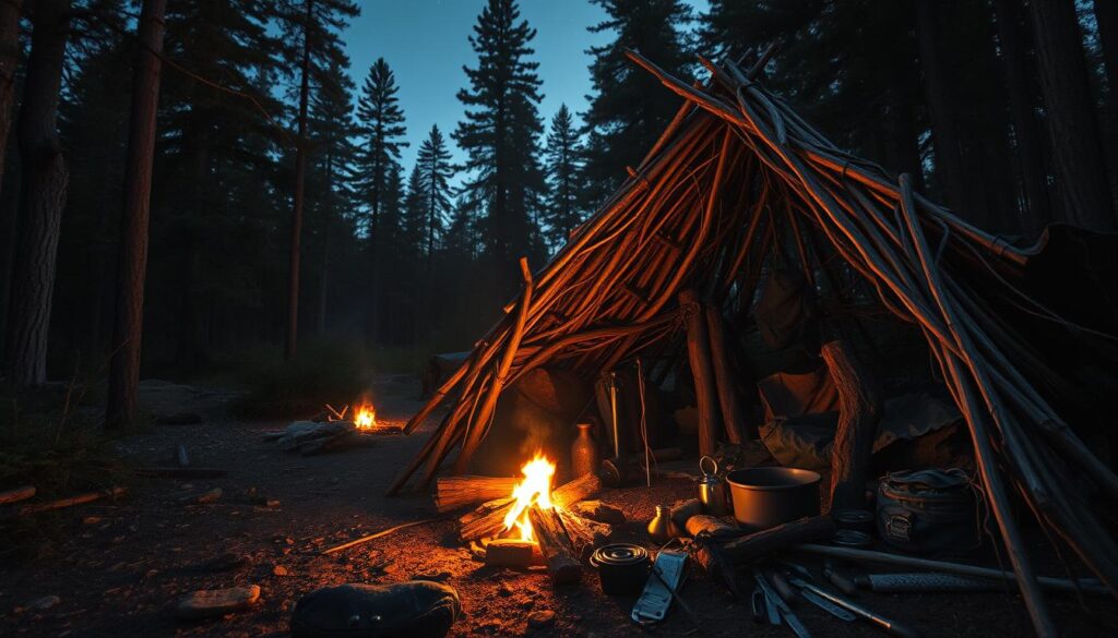 A rugged and weathered campsite nestled in a dense forest, backlit by the warm glow of a crackling fire. In the foreground, a handcrafted shelter of woven branches and leaves, its simple yet ingenious design a testament to the art of survival. The middle ground features an array of survival tools and gear, each item carefully chosen and maintained. In the background, the silhouettes of towering pines and the faint outline of a starry night sky, conveying a sense of isolation and self-reliance. The entire scene is captured with the crisp detail and natural lighting of a professional iPhone 16 Pro Max photograph, evoking a rugged, authentic, and immersive survival experience. A rugged and weathered campsite nestled in a dense forest, backlit by the warm glow of a crackling fire. In the foreground, a handcrafted shelter of woven branches and leaves, its simple yet ingenious design a testament to the art of survival. The middle ground features an array of survival tools and gear, each item carefully chosen and maintained. In the background, the silhouettes of towering pines and the faint outline of a starry night sky, conveying a sense of isolation and self-reliance. The entire scene is captured with the crisp detail and natural lighting of a professional iPhone 16 Pro Max photograph, evoking a rugged, authentic, and immersive survival experience.