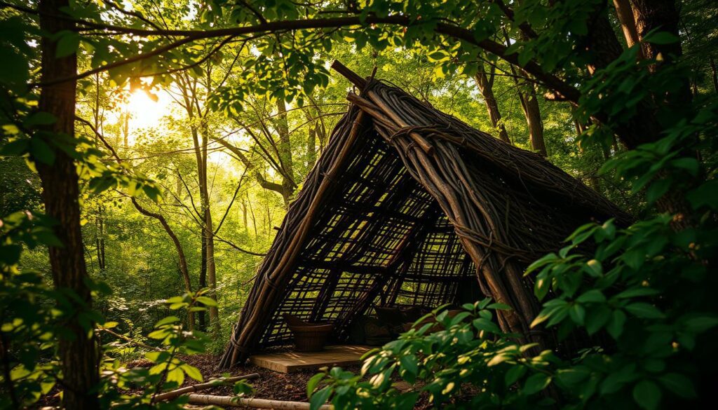 A rugged, hand-woven shelter nestled amidst the lush, verdant foliage of a dense forest. The structure's woven branches and leaves create a cozy, naturalistic silhouette, blending seamlessly with the surrounding environment. Dappled sunlight filters through the canopy, casting warm, golden illumination upon the makeshift dwelling. The scene evokes a sense of tranquility and self-reliance, inviting the viewer to imagine themselves seeking refuge and respite within this primitive, yet ingeniously crafted shelter. Captured with the vivid clarity and attention to detail of an iPhone 16 Pro Max camera, this image perfectly illustrates the art of constructing a simple yet effective wilderness retreat.