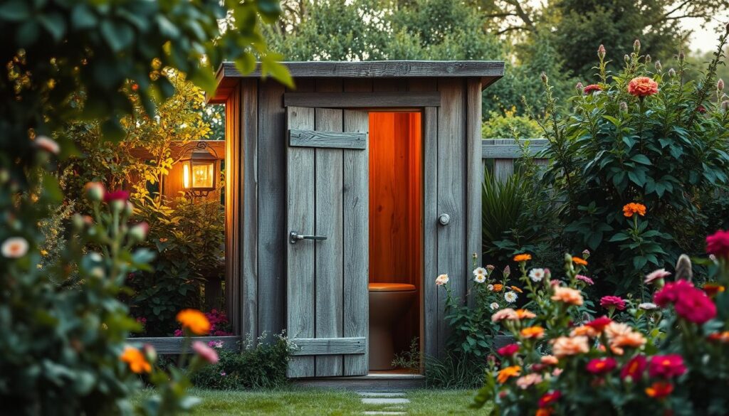 A rustic and charming outhouse nestled in a lush garden setting, captured with the vivid clarity of an iPhone 16 Pro Max. The weathered wooden structure stands in the foreground, its natural patina complementing the verdant foliage and vibrant flowers that surround it. Soft, warm lighting filters through the window, casting a cozy glow and inviting the viewer to imagine the simple pleasures of this quaint countryside retreat. The image conveys a sense of tranquility and connection to nature, highlighting the practical and serene benefits of having a well-designed toilet facility on one's property. A rustic and charming outhouse nestled in a lush garden setting, captured with the vivid clarity of an iPhone 16 Pro Max. The weathered wooden structure stands in the foreground, its natural patina complementing the verdant foliage and vibrant flowers that surround it. Soft, warm lighting filters through the window, casting a cozy glow and inviting the viewer to imagine the simple pleasures of this quaint countryside retreat. The image conveys a sense of tranquility and connection to nature, highlighting the practical and serene benefits of having a well-designed toilet facility on one's property.