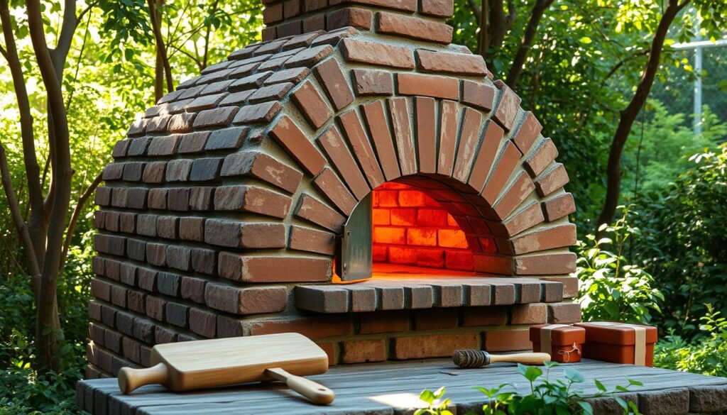 A rustic brick oven stands proudly in a lush garden, its warm glow illuminating the surrounding vegetation. The oven's intricate masonry construction, with carefully arranged bricks and mortar, is a testament to the skill and craftsmanship involved in its creation. Sunlight filters through the surrounding trees, casting a gentle, natural light on the scene. The oven's metal door is slightly ajar, hinting at the delicious baked goods soon to emerge. In the foreground, a few simple tools, such as a wooden peel and a brush, are neatly arranged, ready to assist in the bread-making process. The overall atmosphere conveys a sense of rustic charm and the timeless tradition of home-baked bread. A rustic brick oven stands proudly in a lush garden, its warm glow illuminating the surrounding vegetation. The oven's intricate masonry construction, with carefully arranged bricks and mortar, is a testament to the skill and craftsmanship involved in its creation. Sunlight filters through the surrounding trees, casting a gentle, natural light on the scene. The oven's metal door is slightly ajar, hinting at the delicious baked goods soon to emerge. In the foreground, a few simple tools, such as a wooden peel and a brush, are neatly arranged, ready to assist in the bread-making process. The overall atmosphere conveys a sense of rustic charm and the timeless tradition of home-baked bread.