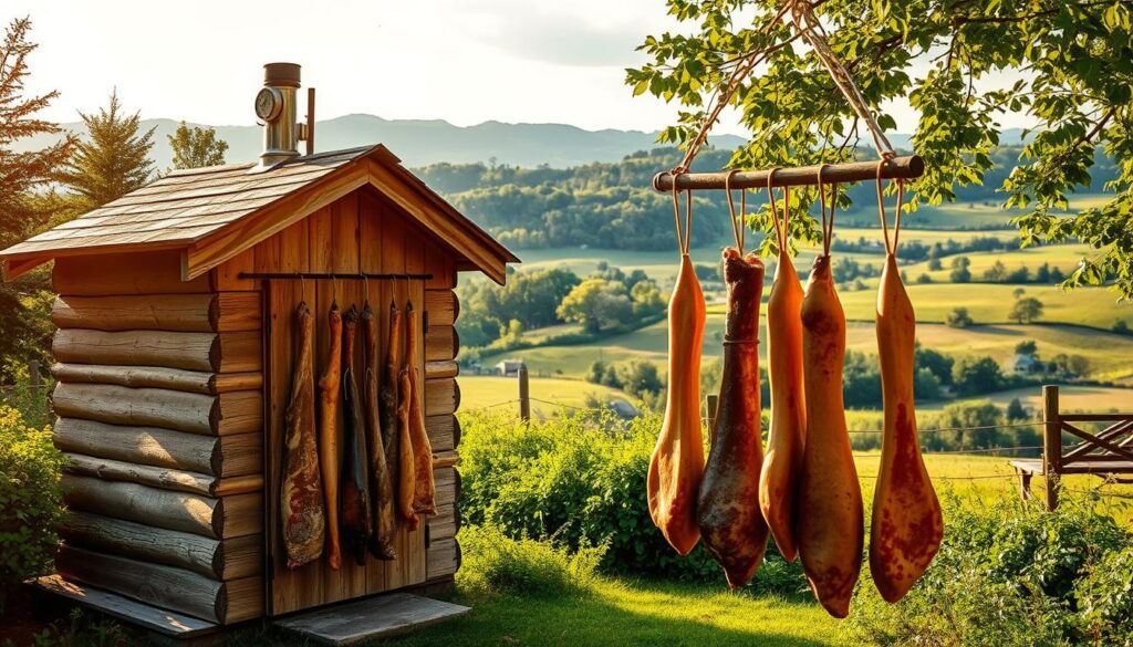A rustic, wooden smokehouse stands in a lush, verdant garden, its charming facade bathed in warm, golden sunlight. Wisps of fragrant smoke curl from the chimney, beckoning the senses. In the foreground, carefully selected cuts of meat hang, the product of meticulous curing and smoking techniques honed over generations. The middle ground reveals the intricate craftsmanship of the structure, with weathered boards and sturdy beams forming a timeless design. In the background, a picturesque countryside landscape unfolds, rolling hills and verdant trees creating a serene, pastoral setting. This image captures the allure of the homemade smokehouse, a testament to the joys of self-reliance and the preservation of traditional culinary arts.