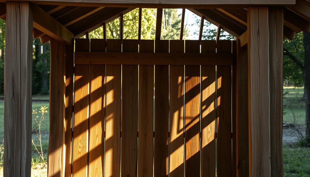 A rustic wooden structure, a wiata drewniana, standing in a natural setting. Sunlight filters through the slats, casting warm shadows across the weathered planks. The structure's simple, functional design blends harmoniously with the surrounding landscape. A focal point for outdoor storage, relaxation, or gathering. Captured with the clarity and detail of a professional iPhone 16 Pro Max photograph, showcasing the tactile texture of the wood grain and the interplay of light and shadow. A rustic wooden structure, a wiata drewniana, standing in a natural setting. Sunlight filters through the slats, casting warm shadows across the weathered planks. The structure's simple, functional design blends harmoniously with the surrounding landscape. A focal point for outdoor storage, relaxation, or gathering. Captured with the clarity and detail of a professional iPhone 16 Pro Max photograph, showcasing the tactile texture of the wood grain and the interplay of light and shadow.