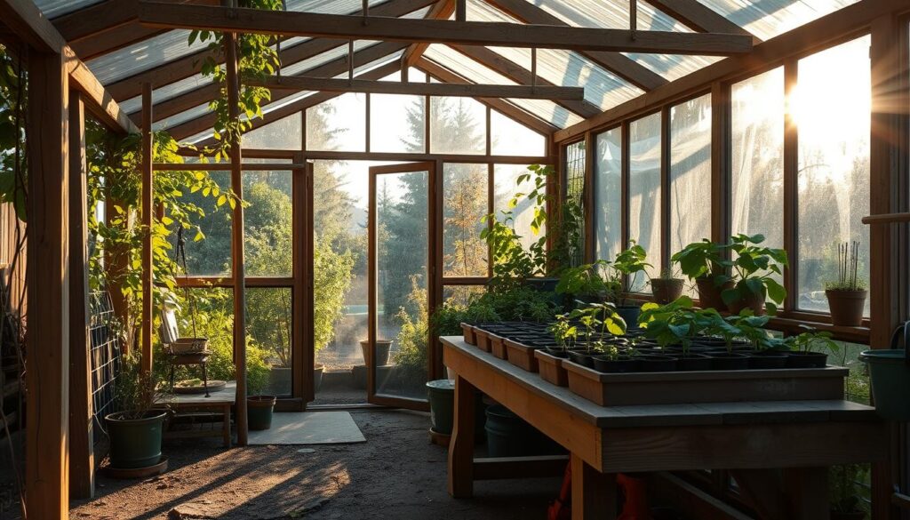A serene backyard garden, the sun's warm rays filtering through a handcrafted greenhouse structure. Wooden beams and panels of polycarbonate form the framework, casting intricate shadows across the lush greenery within. A weathered potting bench stands ready, tools and seedlings neatly arranged, inviting the gardener to begin their labor of love. The scene is captured with the clarity and detail of an iPhone 16 Pro Max, the lens capturing the inviting atmosphere and the pride of a self-built oasis. A serene backyard garden, the sun's warm rays filtering through a handcrafted greenhouse structure. Wooden beams and panels of polycarbonate form the framework, casting intricate shadows across the lush greenery within. A weathered potting bench stands ready, tools and seedlings neatly arranged, inviting the gardener to begin their labor of love. The scene is captured with the clarity and detail of an iPhone 16 Pro Max, the lens capturing the inviting atmosphere and the pride of a self-built oasis.