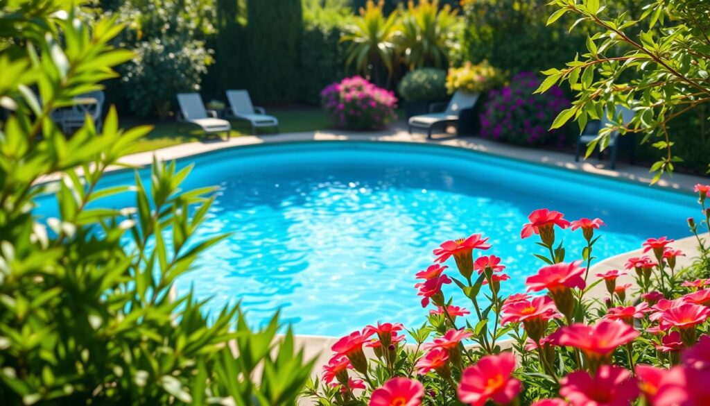 A serene backyard oasis, a well-manicured garden surrounds a sparkling in-ground pool. The water glistens in the warm summer sun, inviting visitors to take a refreshing dip. Lush greenery and vibrant flowers frame the scene, creating a tranquil and picturesque setting. The pool's clean, geometric lines contrast with the organic, naturalistic elements of the garden, resulting in a harmonious and aesthetically pleasing composition. Captured with the clarity and detail of a high-end smartphone camera, this image conveys the joy and relaxation of having a private pool in one's own backyard oasis.