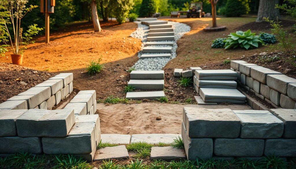 A serene garden setting, captured through the lens of an iPhone 16 Pro Max. In the foreground, neatly arranged concrete blocks and paving stones await assembly, hinting at the construction of a sturdy retaining wall. The middle ground features a partially completed set of stone steps, their rough-hewn texture inviting exploration. In the background, a winding path of compacted earth and gravel winds through lush greenery, suggesting the integration of functional and aesthetic elements. Warm, diffused lighting casts a natural glow, highlighting the textures and materiality of the unfinished landscaping components. This image aims to visually convey the process of building essential outdoor structures, setting the stage for the informative article to follow.