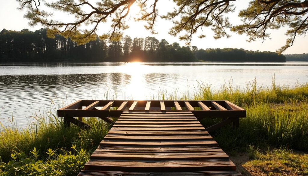 A serene lakeside setting, the sun's soft glow casting warm hues across the calm waters. In the foreground, a partially constructed wooden dock stretches out, its sturdy planks and supportive beams taking shape. The middle ground showcases the lush, verdant shoreline, with tall grasses and vibrant foliage framing the scene. In the background, a line of towering trees creates a natural canopy, their branches swaying gently in the breeze. The entire composition is captured with the clarity and detail of a professional iPhone 16 Pro Max photograph, inviting the viewer to envision the process of building this peaceful, functional structure.