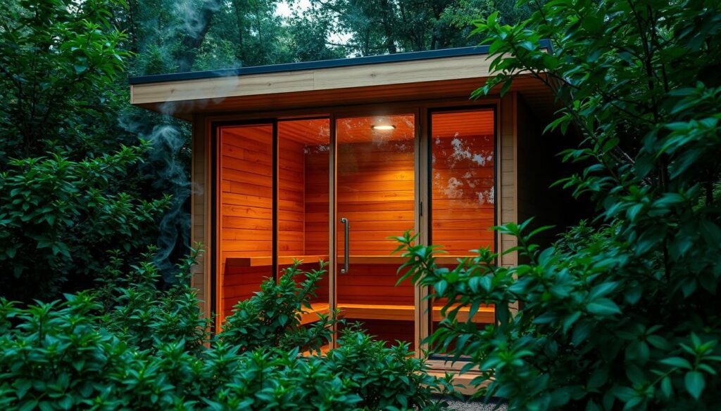A serene outdoor sauna nestled amidst lush greenery, with a warm, inviting glow emanating from the wooden structure. The scene is captured in a crisp, high-quality iPhone 16 Pro Max photograph, showcasing the sauna's clean lines, natural materials, and seamless integration into the surrounding landscape. The sauna's glass panels reflect the verdant foliage, creating a harmonious blend of indoor and outdoor elements. Wisps of steam gently rise, hinting at the relaxing experience within. The overall mood is one of tranquility and rejuvenation, inviting the viewer to imagine the soothing, restorative qualities of this serene outdoor sanctuary.