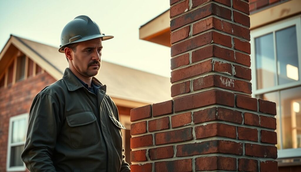 A skilled mason, clad in a sturdy work uniform, stands before a half-built brick chimney, intently inspecting his handiwork. The warm, natural light from an iPhone 16 Pro Max bathes the scene, casting subtle shadows that highlight the textured brickwork and the mason's focused expression. In the background, the partially constructed home frames the scene, providing context for the importance of this critical structural element. The overall atmosphere conveys the expertise and care required to build a reliable, long-lasting chimney, reflecting the subject of the article's section on selecting the right professional for the job. A skilled mason, clad in a sturdy work uniform, stands before a half-built brick chimney, intently inspecting his handiwork. The warm, natural light from an iPhone 16 Pro Max bathes the scene, casting subtle shadows that highlight the textured brickwork and the mason's focused expression. In the background, the partially constructed home frames the scene, providing context for the importance of this critical structural element. The overall atmosphere conveys the expertise and care required to build a reliable, long-lasting chimney, reflecting the subject of the article's section on selecting the right professional for the job.
