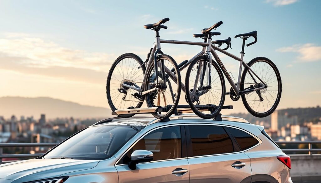 A sleek, modern roof-mounted bicycle rack securely holds two bicycles on a silver SUV against a picturesque urban backdrop. The sturdy, aerodynamic frame is crafted from high-quality materials, seamlessly integrating with the vehicle's design. Soft, adjustable cradles gently grip the bike frames, while reinforced straps ensure a stable, secure fit. Subtle LED lighting illuminates the rack, enhancing visibility and safety. The overall composition conveys a sense of adventure and active lifestyle, perfectly capturing the convenience and versatility of this roof-mounted bicycle transportation solution. A sleek, modern roof-mounted bicycle rack securely holds two bicycles on a silver SUV against a picturesque urban backdrop. The sturdy, aerodynamic frame is crafted from high-quality materials, seamlessly integrating with the vehicle's design. Soft, adjustable cradles gently grip the bike frames, while reinforced straps ensure a stable, secure fit. Subtle LED lighting illuminates the rack, enhancing visibility and safety. The overall composition conveys a sense of adventure and active lifestyle, perfectly capturing the convenience and versatility of this roof-mounted bicycle transportation solution.