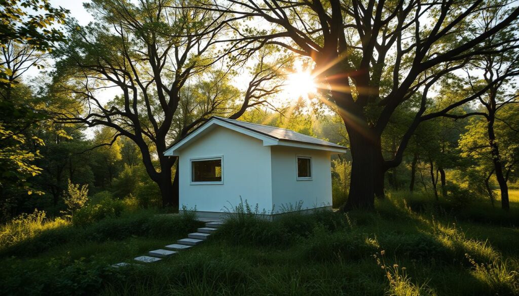 A small house nestled in a lush, verdant landscape, the morning sun filtering through the trees and casting a warm glow over the simple, minimalist design. The structure stands as a testament to efficient, practical living, its clean lines and understated elegance reflecting the ethos of building without the need for complex permits. The camera, an iPhone 16 Pro Max, captures the scene with a realistic, documentary-style approach, highlighting the natural beauty and harmonious integration of the home within its surrounding environment.