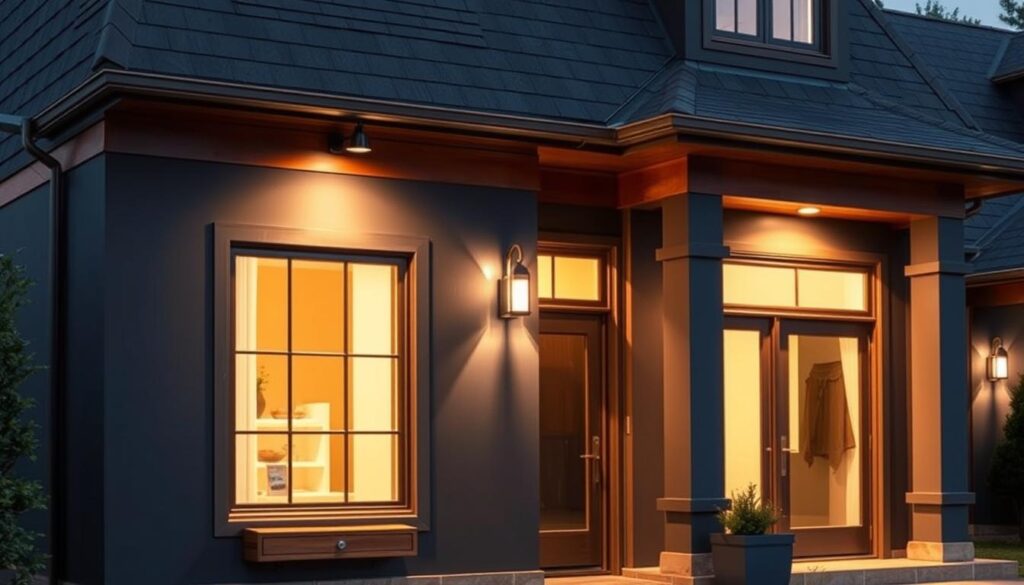 A stunning, well-lit exterior facade showcasing a harmonious color palette. The walls are adorned with a sophisticated graphite hue, seamlessly complementing the charcoal roof above. Warm accent tones in the trim and decorative elements add depth and visual interest. The scene is captured with a crisp, high-resolution lens, highlighting the fine details and textures of the materials. The lighting casts gentle shadows, creating a sense of depth and dimension. The overall atmosphere conveys a sense of modern sophistication and timeless elegance, perfectly suited to illustrate the introduction to the topic of exterior color schemes.