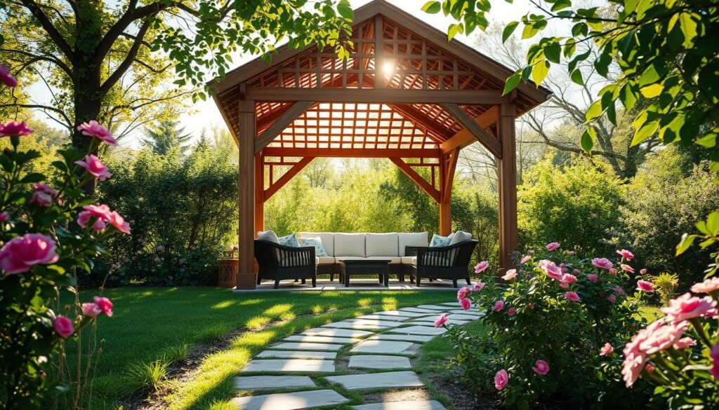 A sun-dappled garden oasis, an elegant wooden gazebo nestled amidst lush greenery. Sunlight filters through the latticed roof, casting a warm, inviting glow. Plush outdoor furniture beckons, perfect for relaxing with family and friends. The scene exudes a sense of tranquility and escape, a peaceful haven away from the hustle and bustle. In the foreground, blooming flowers and trailing vines add pops of vibrant color, complementing the natural wood tones. A winding stone path leads the eye towards the inviting structure, promising a respite from the everyday. Captured with the sharp clarity and vivid detail of a high-end smartphone camera, this image conveys the myriad benefits of owning a charming garden pavilion.