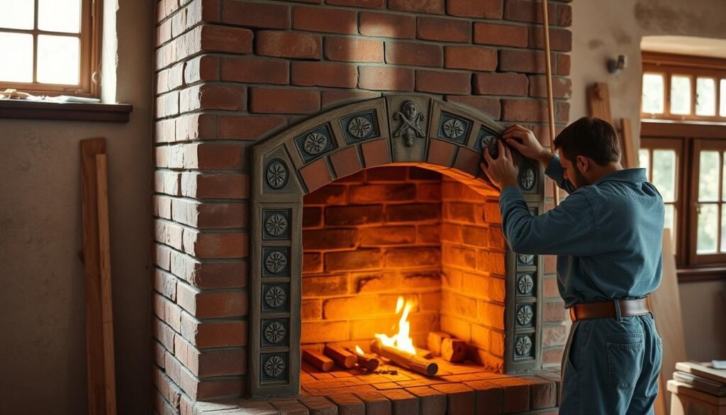 A well-crafted brick-and-mortar fireplace taking shape, its intricate ceramic tiles and ornamental embellishments gradually emerging into view. The craftsman's skilled hands delicately arranging each piece, the warm glow of the workspace illuminating their focused movements. Sunlight streams through nearby windows, casting a natural, ambient light that accentuates the fireplace's elegant silhouette. The camera captures this process with the clarity and detail of a professional iPhone 16 Pro Max, showcasing the meticulous construction of this traditional Polish masonry stove.