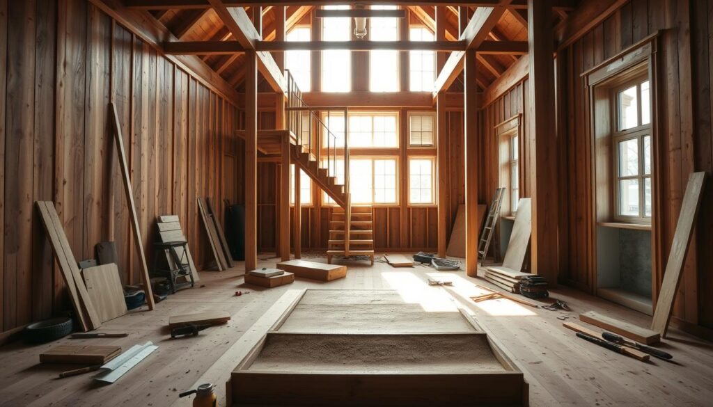 A well-lit, architectural interior scene of a wooden staircase being constructed. The foreground features detailed carpentry work on the treads and risers, with various tools and materials scattered around. The middle ground showcases the staircase's structural frame taking shape, supported by sturdy beams. In the background, sunlight streams through large windows, illuminating the space and creating a warm, inviting atmosphere. The scene conveys the craftsmanship and care involved in the process of building a functional, aesthetically-pleasing staircase. Captured with an iPhone 16 Pro Max, the image offers a realistic, high-quality depiction of the "Wprowadzenie do budowy schodów" subject.