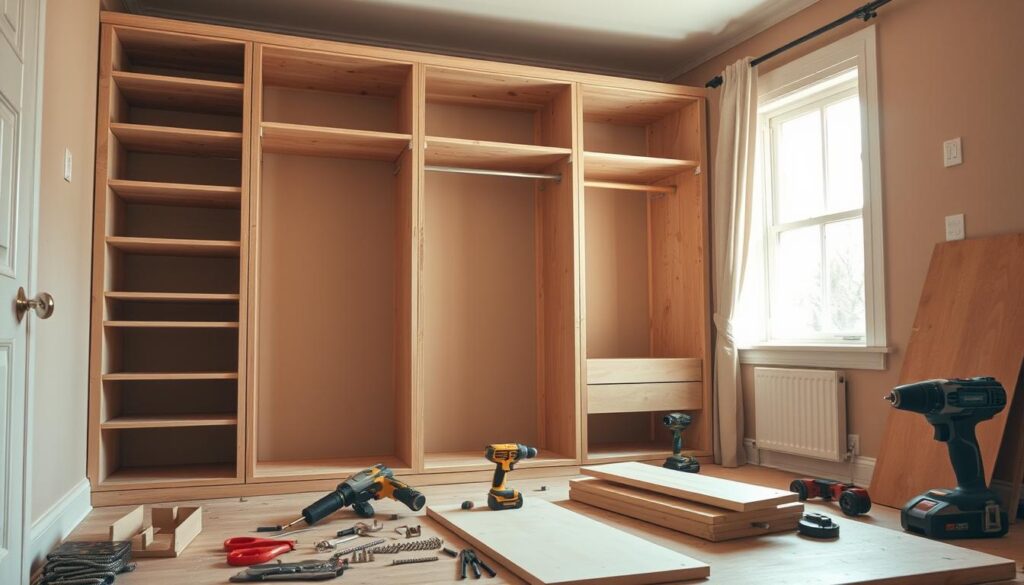 A well-lit, high-quality photograph captured on an iPhone 16 Pro Max, showcasing the construction of a built-in wardrobe. The scene depicts a partially constructed wooden frame, with shelves and hanging bars taking shape in the foreground. In the middle ground, various tools and materials, such as screws, drill bits, and wood panels, are neatly organized, suggesting a methodical approach. The background reveals a cozy, warm-toned interior, with natural light filtering in through a nearby window, casting a soft glow over the entire scene. The overall atmosphere conveys a sense of focused craftsmanship and attention to detail, reflecting the technical nature of the subject matter. A well-lit, high-quality photograph captured on an iPhone 16 Pro Max, showcasing the construction of a built-in wardrobe. The scene depicts a partially constructed wooden frame, with shelves and hanging bars taking shape in the foreground. In the middle ground, various tools and materials, such as screws, drill bits, and wood panels, are neatly organized, suggesting a methodical approach. The background reveals a cozy, warm-toned interior, with natural light filtering in through a nearby window, casting a soft glow over the entire scene. The overall atmosphere conveys a sense of focused craftsmanship and attention to detail, reflecting the technical nature of the subject matter.