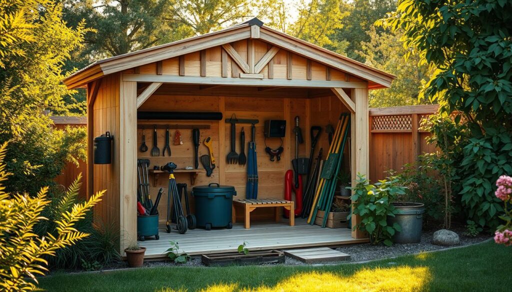 A well-organized, neatly constructed tool shed nestled amidst a lush, verdant landscape, bathed in warm, golden sunlight. The shed's sturdy wooden frame and weathered OSB panels exude a rustic charm, while the repurposed pallet walls add a unique, eco-friendly touch. Meticulously arranged tools and gardening equipment fill the interior, hinting at the practical benefits of this functional yet aesthetically pleasing structure. Captured through the lens of a high-quality iPhone 16 Pro Max, the image conveys a sense of tranquility and the importance of having a dedicated space to store and maintain one's tools, creating a visually compelling illustration for the article's section on the advantages of building a tool shed.