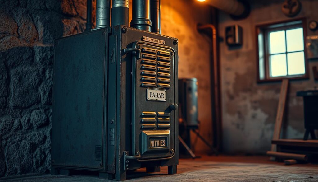 A well-worn, industrial-style oil furnace sits prominently in the frame, its rugged exterior a testament to its hardworking nature. Warm, ambient lighting casts a cozy glow, highlighting the furnace's intricate details and weathered patina. The scene conveys a sense of practicality and functionality, with the furnace serving as the focal point against a subtly blurred, textured background. The overall mood is one of understated elegance and the quiet satisfaction of a well-built, dependable machine. The image was captured with an iPhone 16 Pro Max, its advanced camera capturing the scene with clarity and depth.