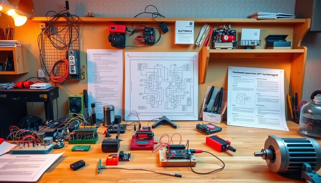 A workbench filled with an array of DIY electronics projects, including a homemade generator, electromagnet, and electric motor. Warm, natural lighting illuminates the scene, creating a welcoming and inspiring atmosphere. The foreground showcases various components, tools, and step-by-step instructions, guiding the viewer through the process of building these projects. In the middle ground, a schematic diagram or blueprint provides technical details, while the background features a clean, minimalist space, allowing the focus to remain on the hands-on learning experience.
