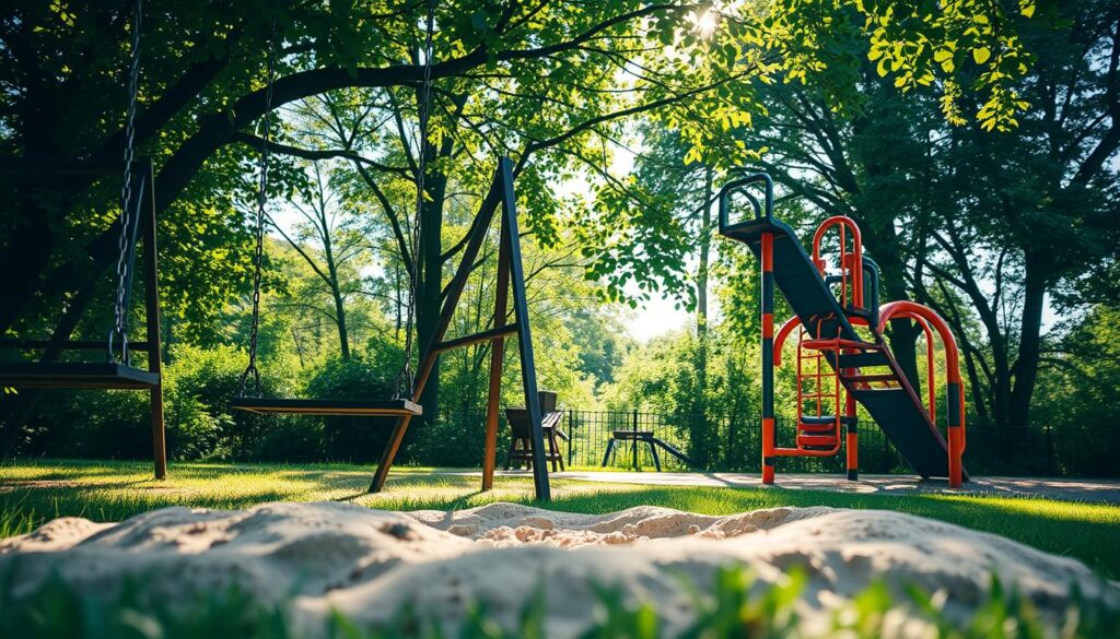 An idyllic playground nestled in lush greenery, sunlight filtering through the leaves. A swing set stands tall, its sturdy chains beckoning children to soar. In the foreground, a sandbox invites tactile exploration, grains of sand sparkling like jewels. Nearby, a colorful jungle gym offers a challenging climb, its intricate design mirroring the natural curves of the landscape. The scene is captured with the clarity and depth of an iPhone 16 Pro Max, the warm tones and soft focus creating a sense of tranquility and safety. This is a place where joy and carefree play are the order of the day, a haven for young minds to grow and thrive.